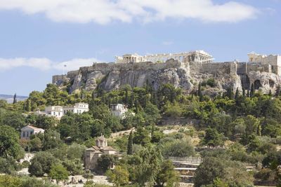 View from below of the acropolis hill in athens, greece