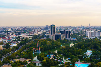 High angle view of cityscape against sky during sunset