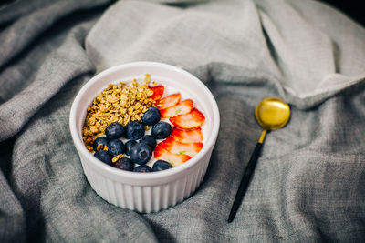 High angle view of breakfast served on table