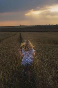 Rear view of girl walking on agricultural field during sunset