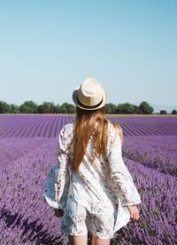 Young woman with her back in hat and dress among lavender fields in provence, france.