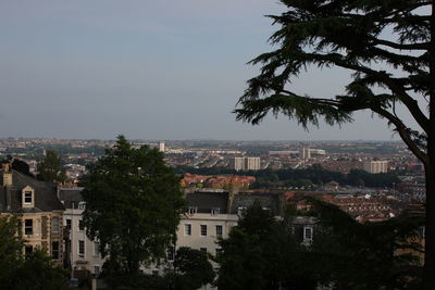 High angle view of buildings against clear sky