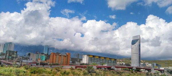 Buildings in city against cloudy sky