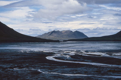 Scenic view of mountains against sky during winter