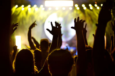 People enjoying with arms raised at music concert
