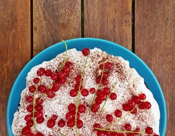 High angle view of dessert on table