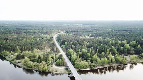 High angle view of river amidst trees in forest against sky