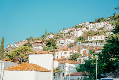 Buildings in town against clear blue sky