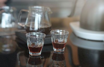Close-up of coffee in glass on table