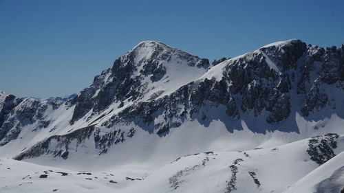 Low angle view of snowcapped mountains against clear blue sky