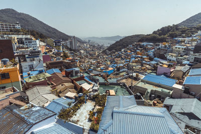 High angle view of townscape against sky