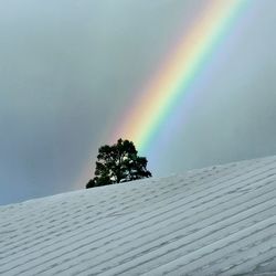 Rainbow over snow covered landscape against sky