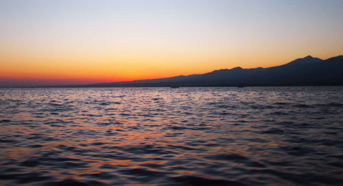 Scenic view of sea against clear sky at sunset