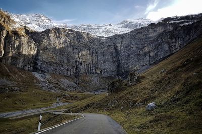 Scenic view of mountains against sky during winter