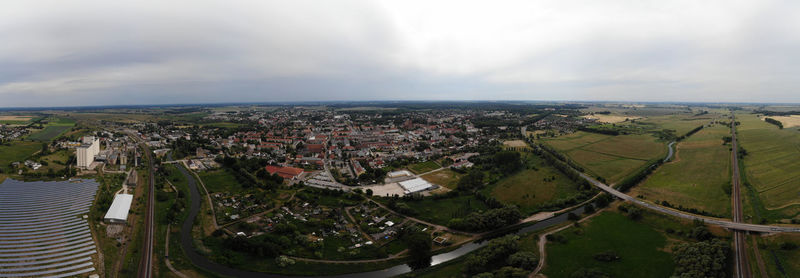 High angle view of buildings against sky