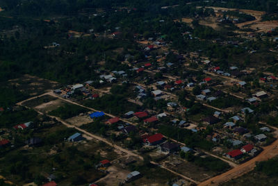 High angle view of trees and buildings in city