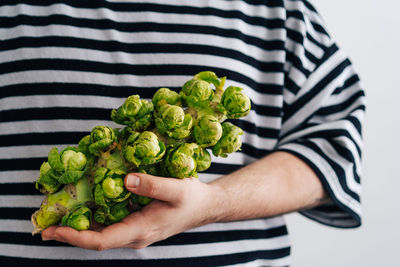 Cropped image of man holding organic brussel sprouts still attached on the stem