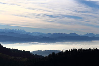 Scenic view of mountains against sky at sunset