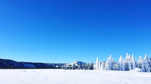 Snow covered landscape against clear blue sky