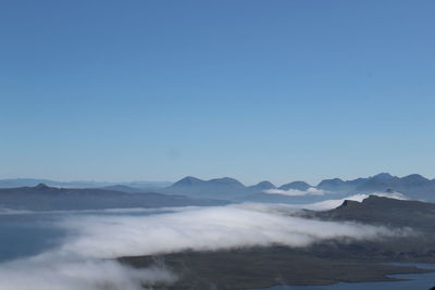 Scenic view of mountains against clear blue sky