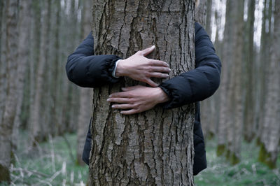 Man behind tree trunk in forest
