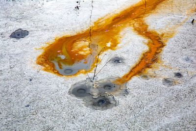 High angle view of snow on field