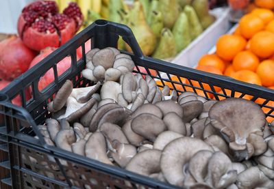 Mushrooms for sale in crate at market