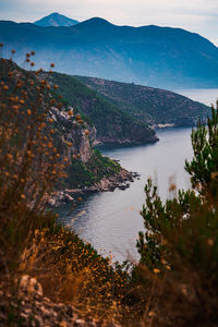 High angle view of bay against sky