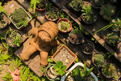 High angle view of statue amidst potted plants in yard