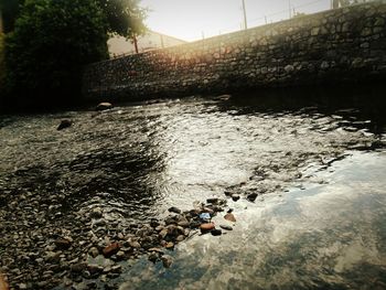 High angle view of river amidst trees against sky