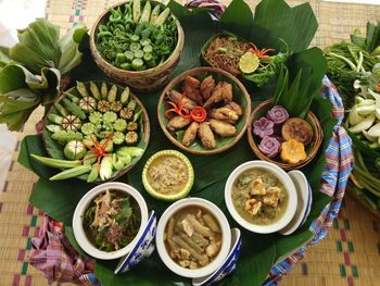 High angle view of fruits in bowl on table