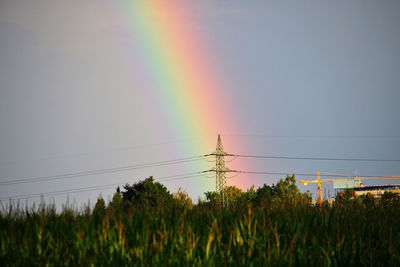Scenic view of rainbow over field against sky