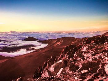 Scenic view of mountains during sunset