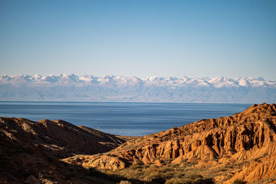 Scenic view of lake and mountains against clear sky