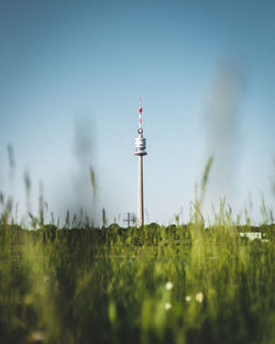 Tv tower standing alone in a park