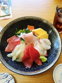 High angle view of breakfast served on table