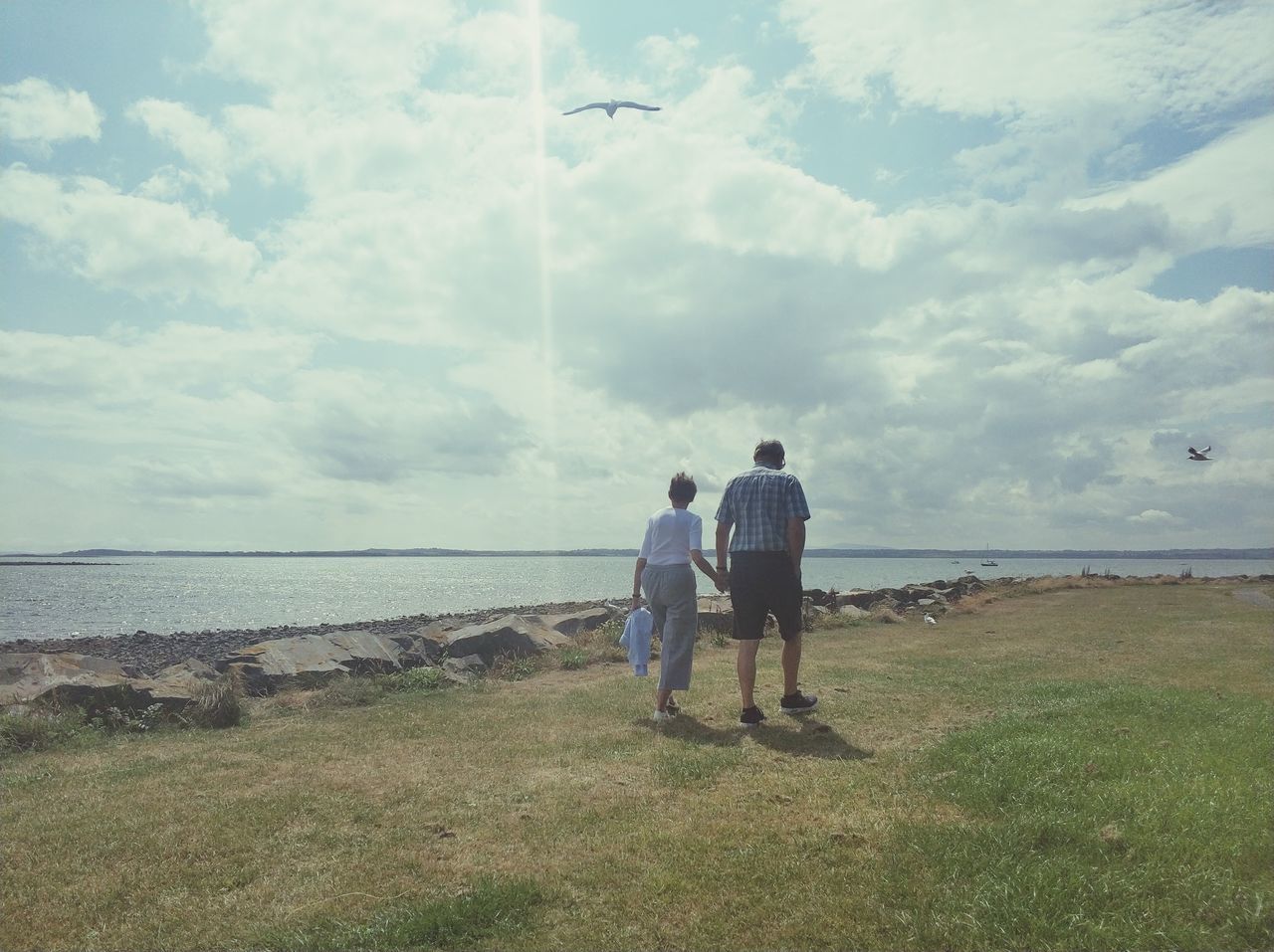 rear view, sky, water, real people, men, cloud - sky, casual clothing, full length, nature, two people, grass, land, leisure activity, emotion, lifestyles, sea, positive emotion, day, adult, horizon over water, outdoors, couple - relationship