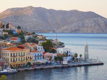 Panoramic view over the clock tower in symi island, greece