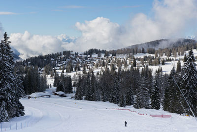 Scenic view of snow covered mountains against sky