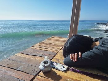 Rear view of man sitting on wood against sea