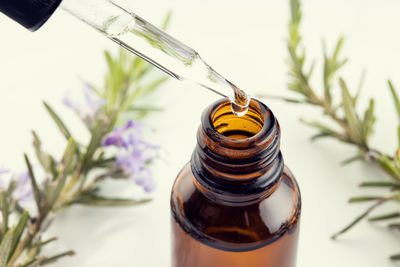 Rosemary essential oil. close up of a pipette, amber bottle and rosemary branch at background