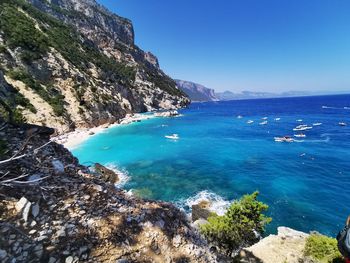 Scenic view of sea against clear blue sky