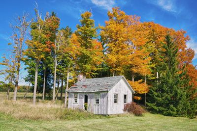 Abandoned house amidst trees and buildings against sky during autumn