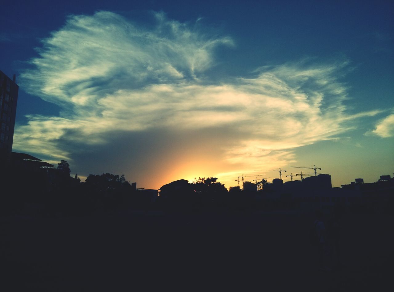 sunset, silhouette, sky, built structure, building exterior, architecture, cloud - sky, tree, beauty in nature, scenics, tranquility, cloud, tranquil scene, nature, orange color, house, dark, outdoors, no people, idyllic