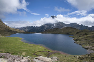 Scenic view of lake and mountains against sky