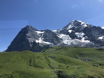 Scenic view of snowcapped mountains against clear sky