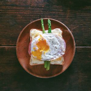 Directly above shot of sandwich served in plate on table