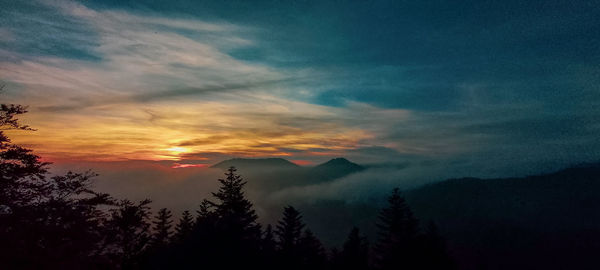 Scenic view of silhouette mountains against sky during sunset