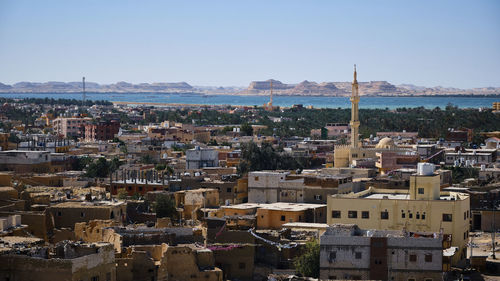High angle view of townscape against clear sky