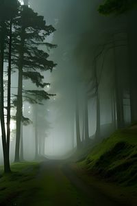 Footpath into foggy forest
